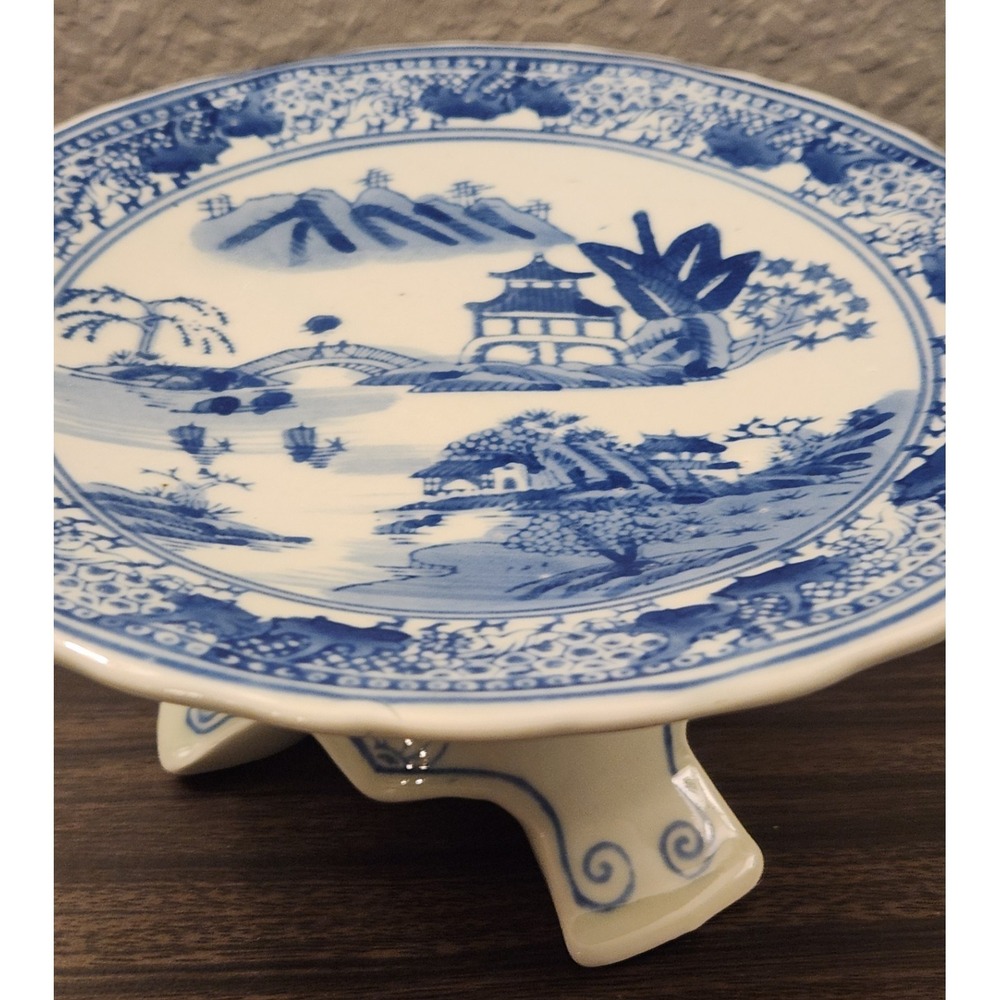 Vintage Chinese Tazza Blue Porcelain Footed Pedestal Plate Platter